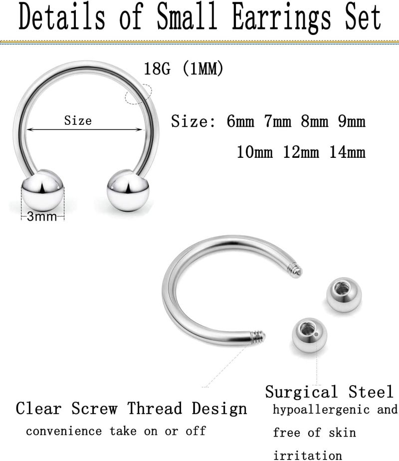 Earmark 7Pairs 6/7/8/9/10/12/14MM Surgical Steel Horseshoe Small Septum Rings Smiley Piercing Jewelry Circular Curved Barbell Piercing Hoops Set for Nose Nipple Nostril Cartilage Helix Daith Tragus Lip Eyebrow - Image 3